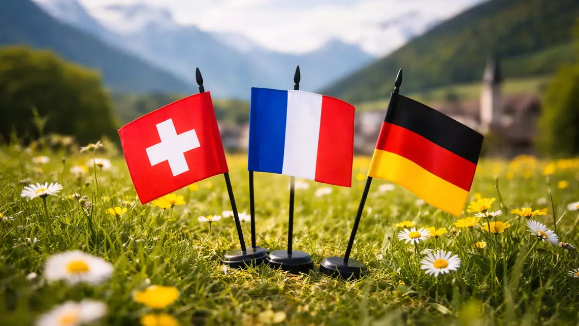 un drapeau suisse à côté d'un drapeau français et allemand symbolisant le bilinguisme